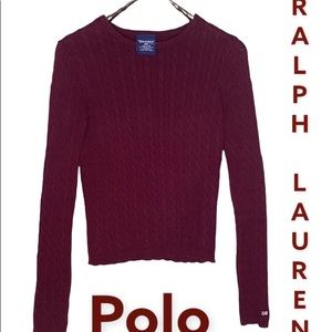 Polo Ralph Lauren Scoop Neck Cable Knit Burgundy Sleeve Sweater Sz Small